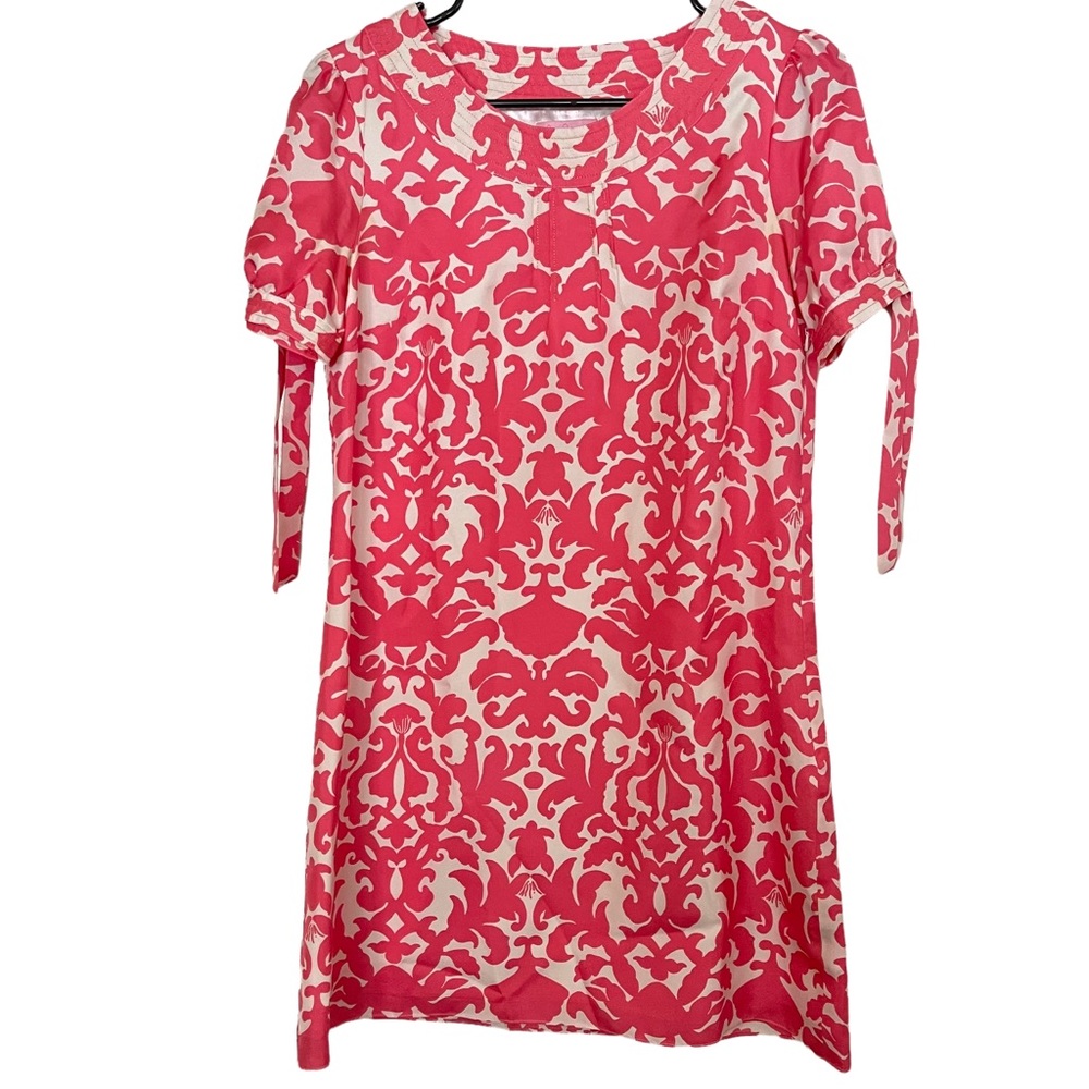 Lilly Pulitzer Pink and White Printed Short Tie Sleeve Round Neck Dress Size 0